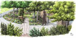 1. Hand drawn impression of the gardens woodand meditation area by artist Graham Andrews